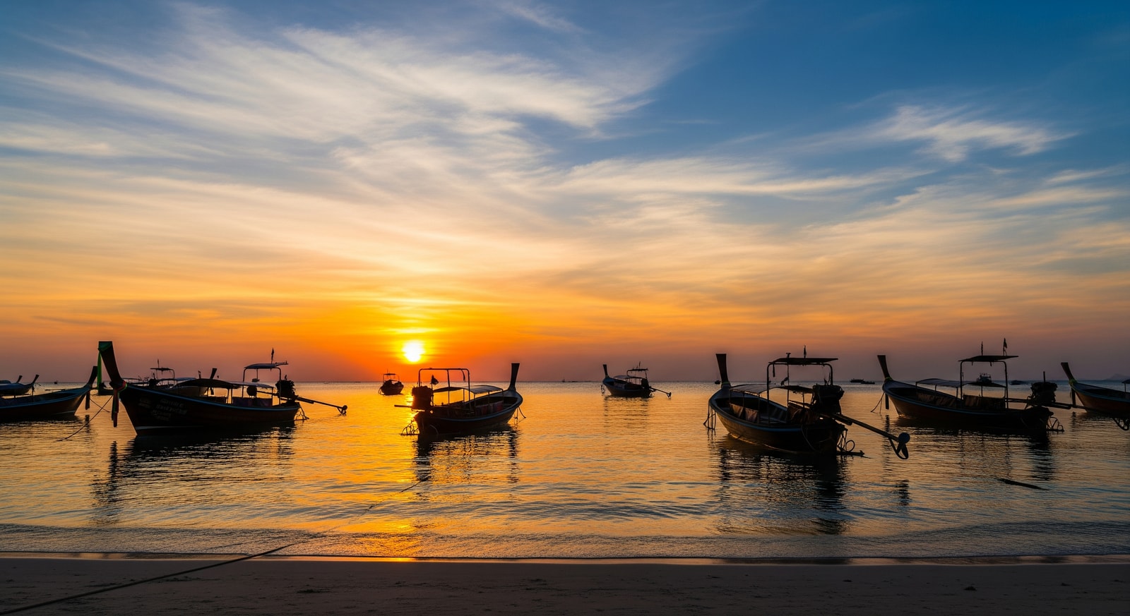 Beautiful Thai beach sunset with longtail boats silhouette