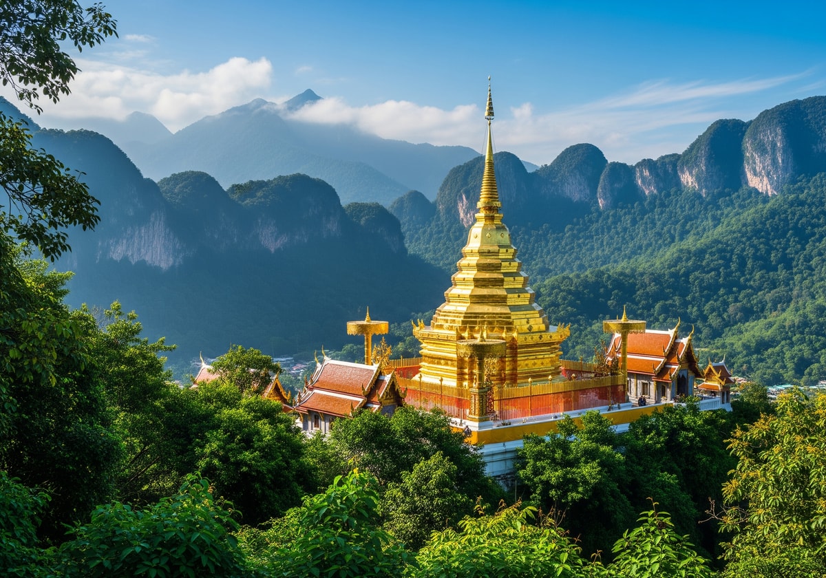 Doi Suthep temple in Chiang Mai surrounded by mountains