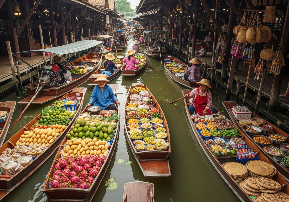 Traditional Thai floating market with colorful boats