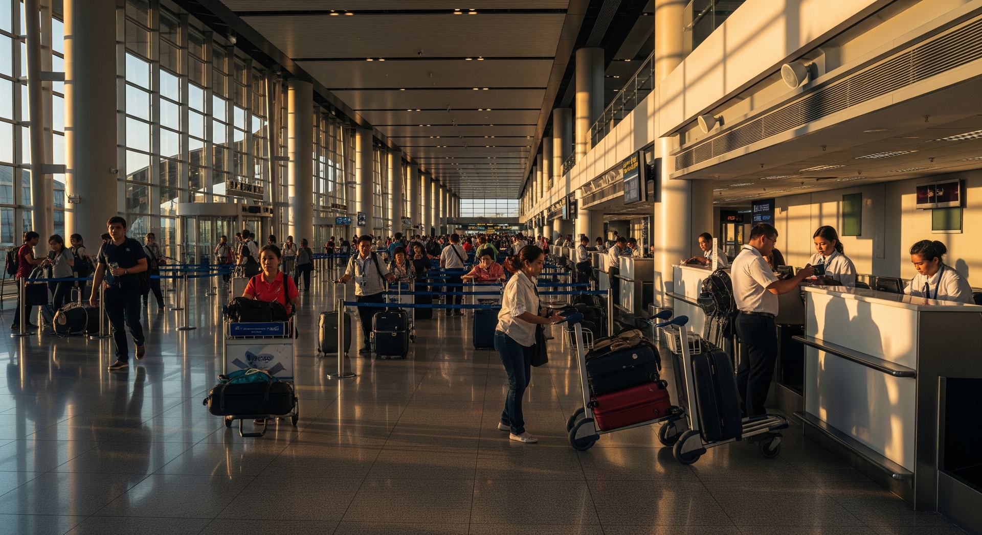 Suvarnabhumi Airport Bangkok modern terminal with travelers at immigration