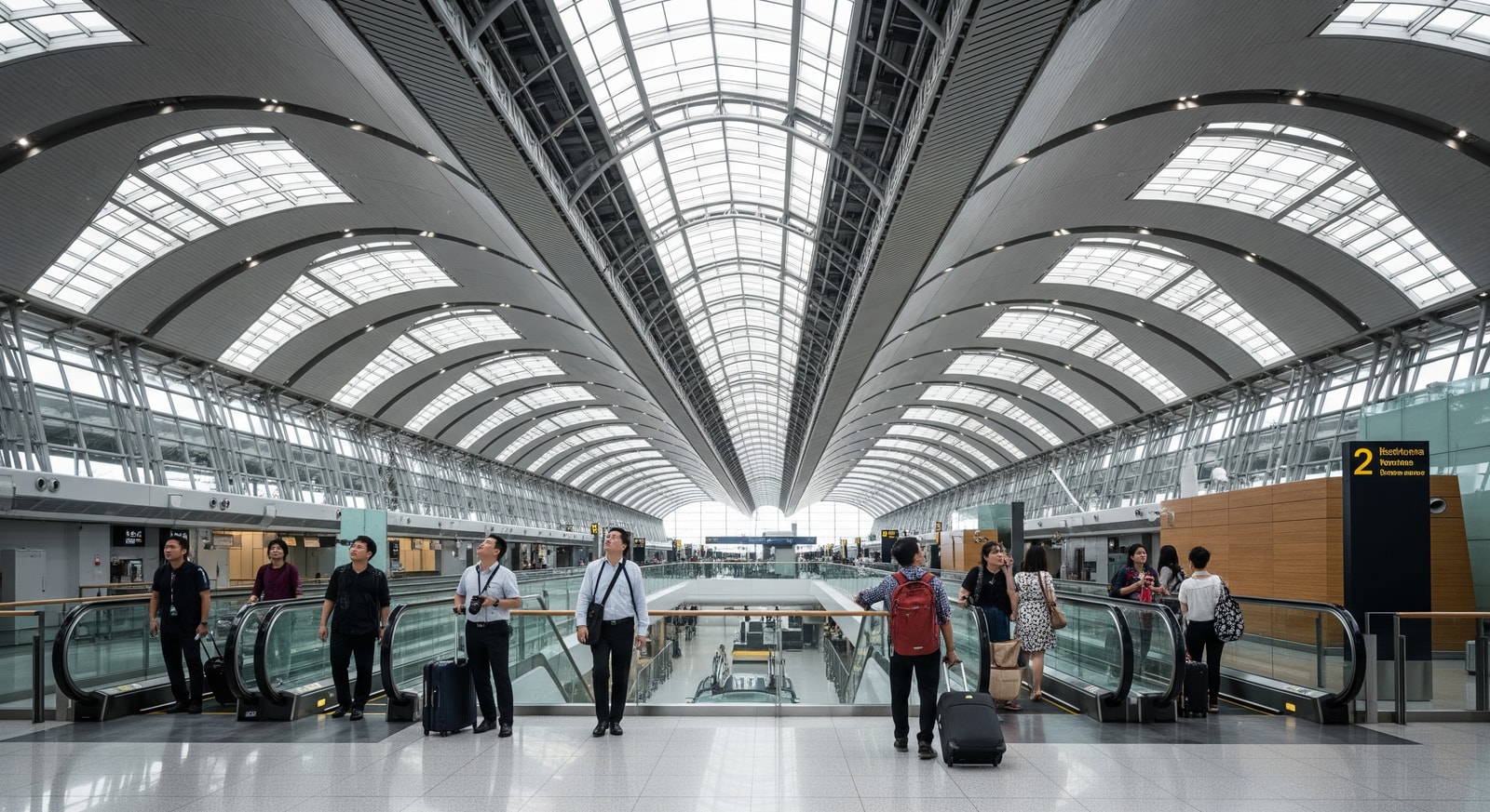 Suvarnabhumi Airport departure hall with distinctive curved roof architecture