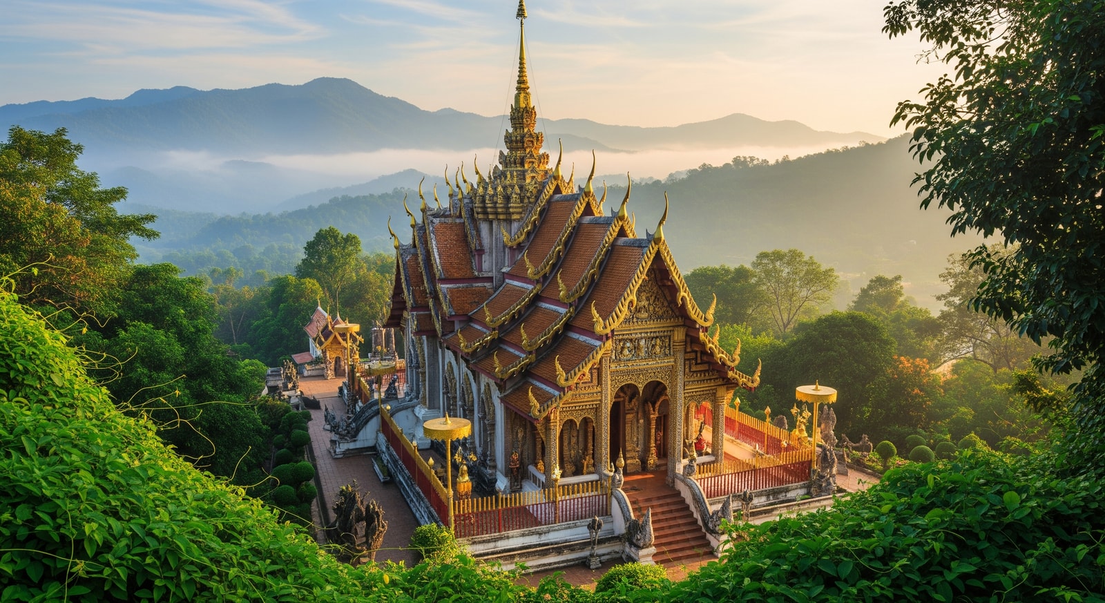 Ancient Buddhist temple in Chiang Mai surrounded by lush greenery and mountains