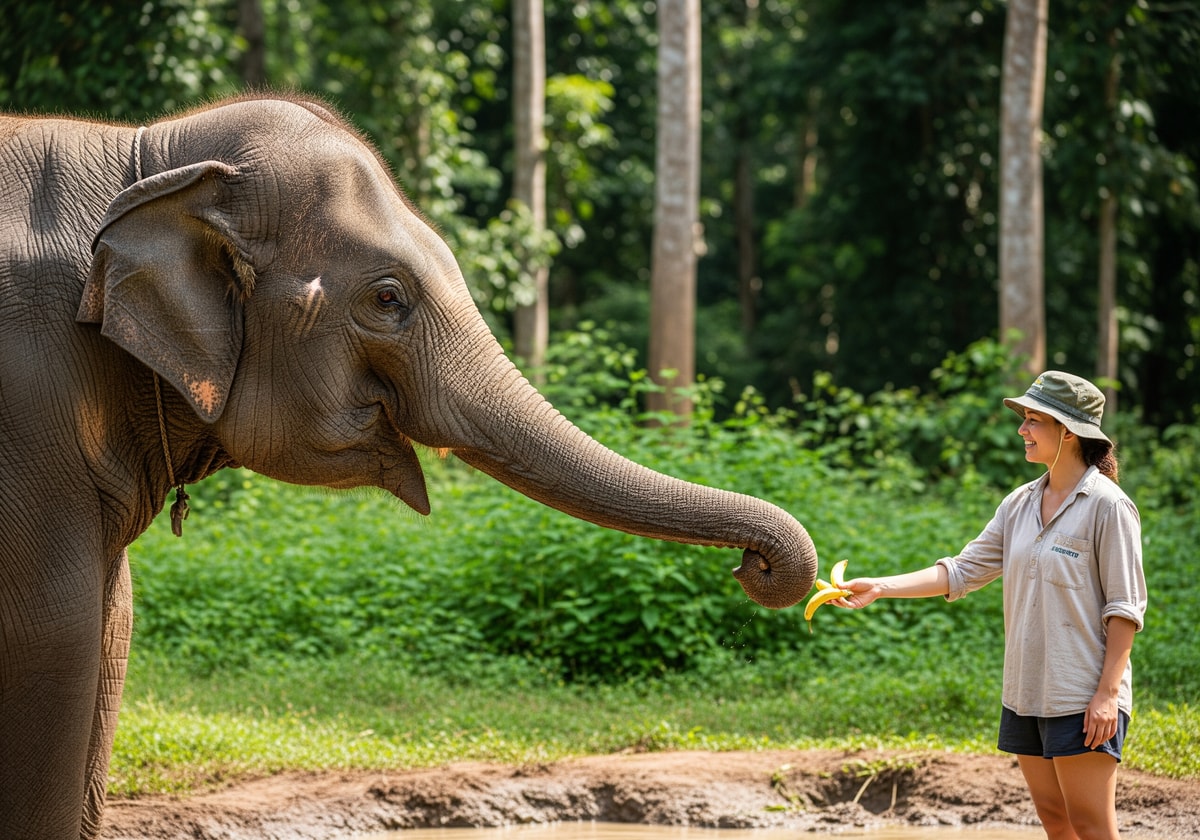 Visitors at an ethical elephant sanctuary in Chiang Mai