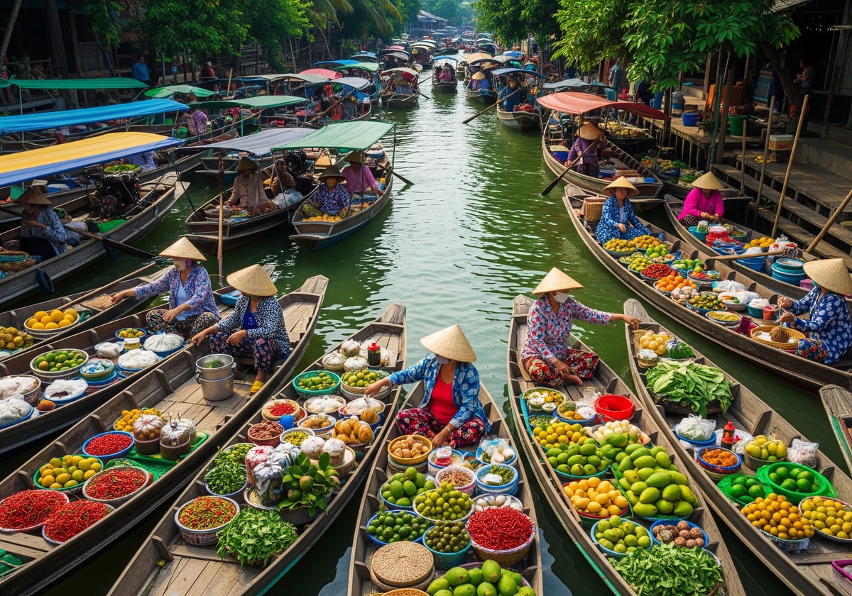 Traditional floating market with vendors selling fruits from boats