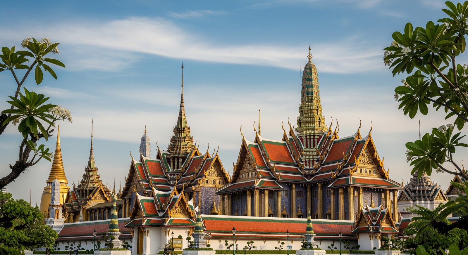 The Grand Palace complex in Bangkok with traditional Thai architecture and golden spires