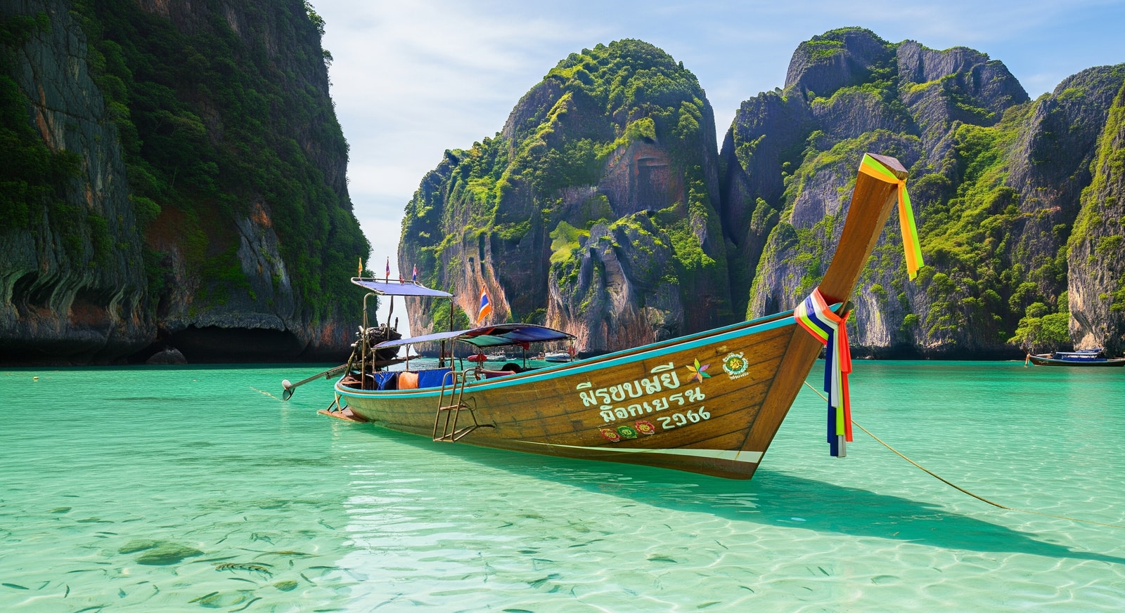 Traditional Thai longtail boat on crystal clear water with limestone cliffs in background