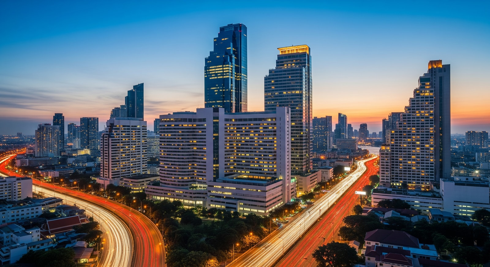 Bangkok skyline with medical district highlighted for medical tourism