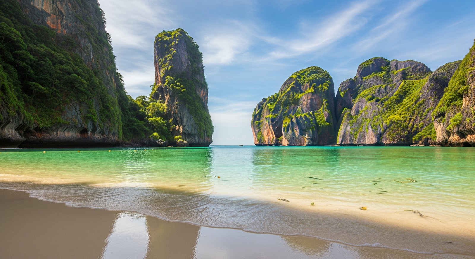 Stunning tropical beach in Phuket with crystal clear water and limestone cliffs