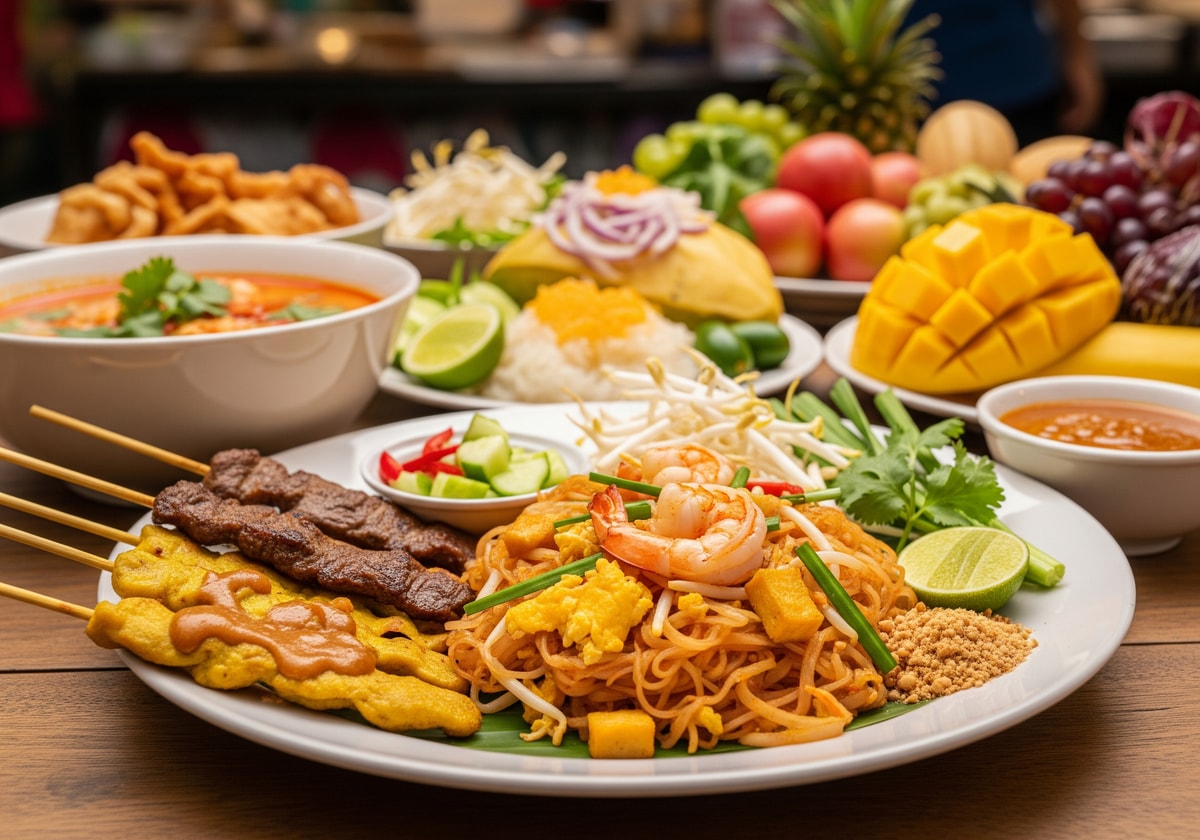 Colorful Thai street food including pad thai and satay
