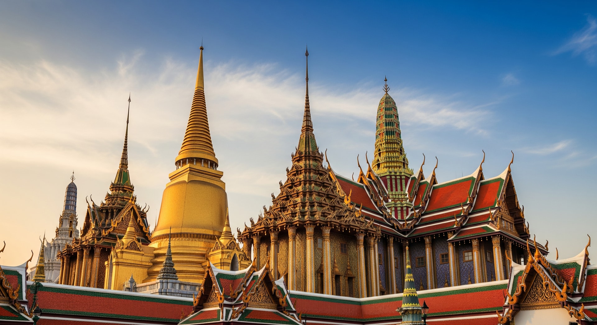 Grand Palace and Wat Phra Kaew temple in Bangkok with golden spires against blue sky