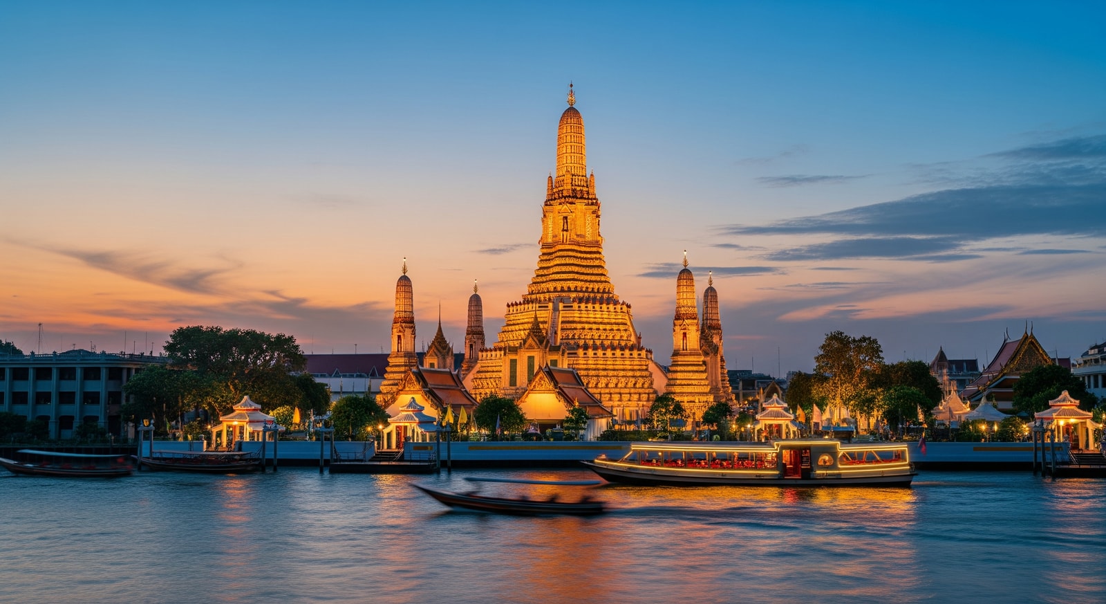 Wat Arun temple in Bangkok illuminated at sunset with the Chao Phraya River