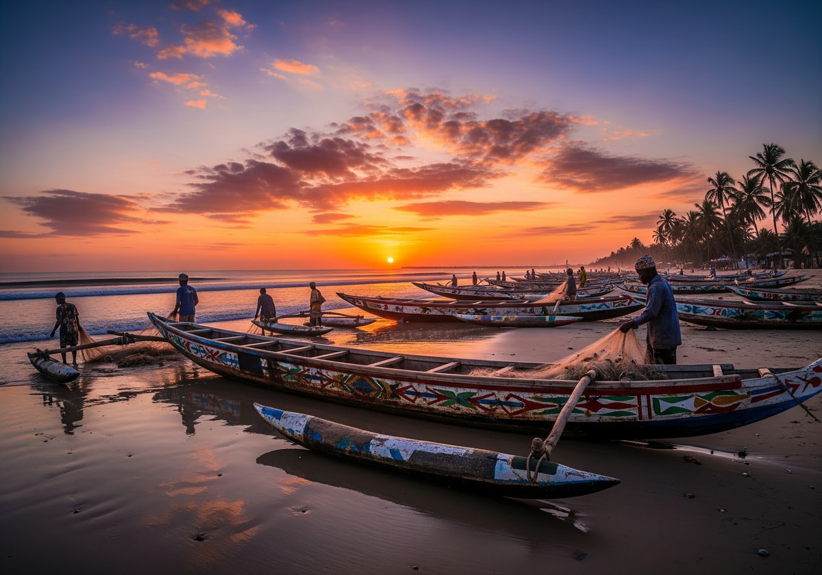 Traditional fishing boats on Lome beach at sunrise
