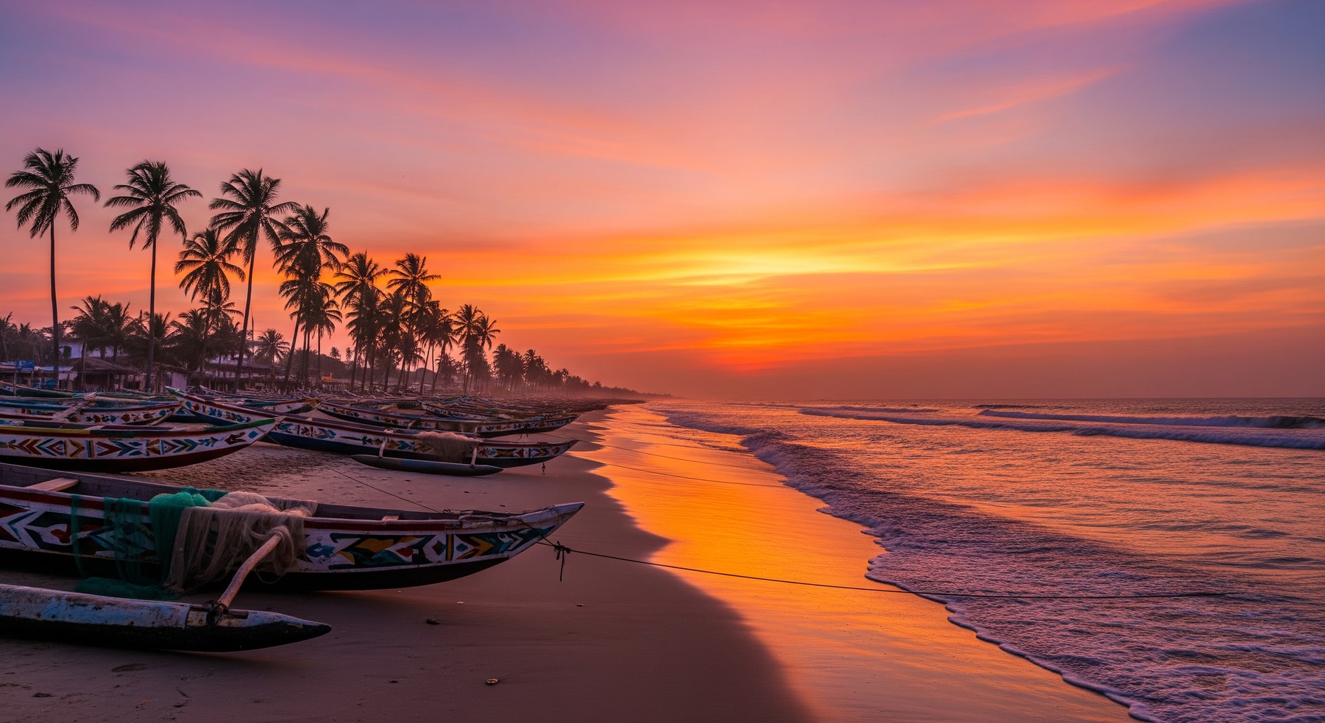 Beautiful sunset over the beach in Lome, Togo with palm trees and traditional fishing boats