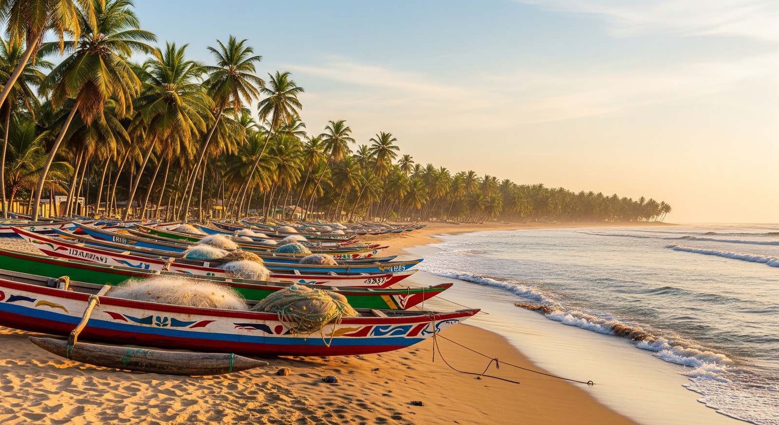 Palm-lined beach in Lome, Togo with colorful fishing boats and calm ocean waters