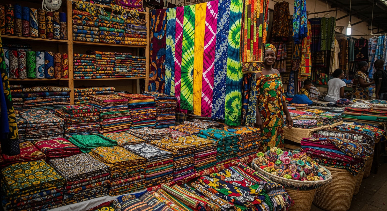 Colorful fabrics and textiles displayed at the Grand Marche in Lome