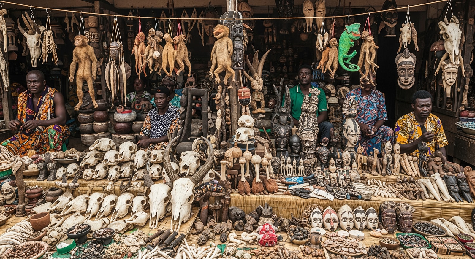 Traditional fetish market in Lome showing various voodoo artifacts and traditional items