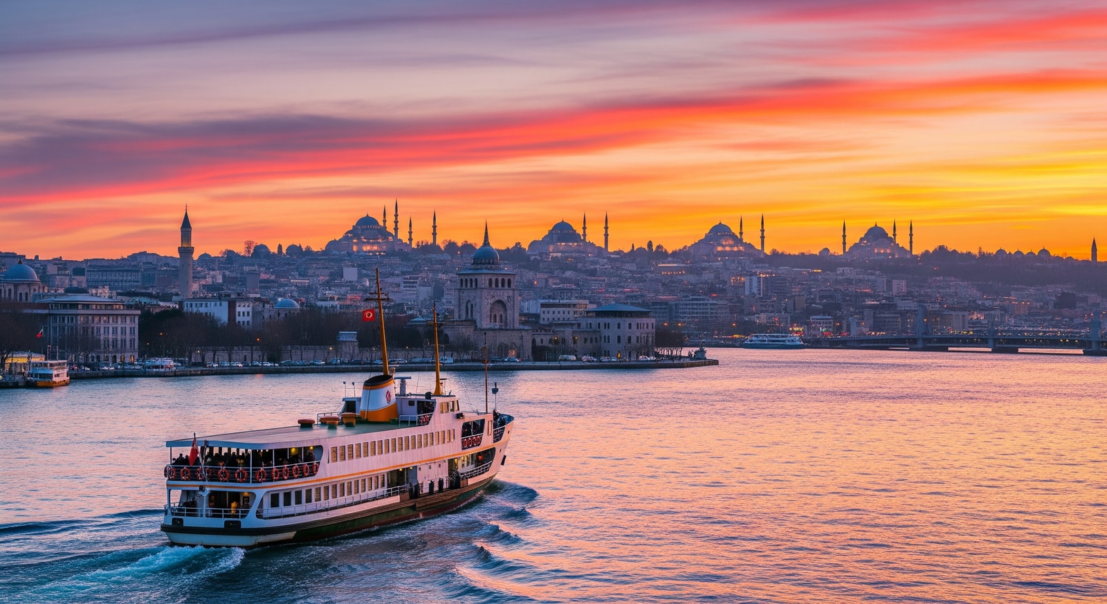 Bosphorus strait view with ferry and Istanbul skyline at sunset