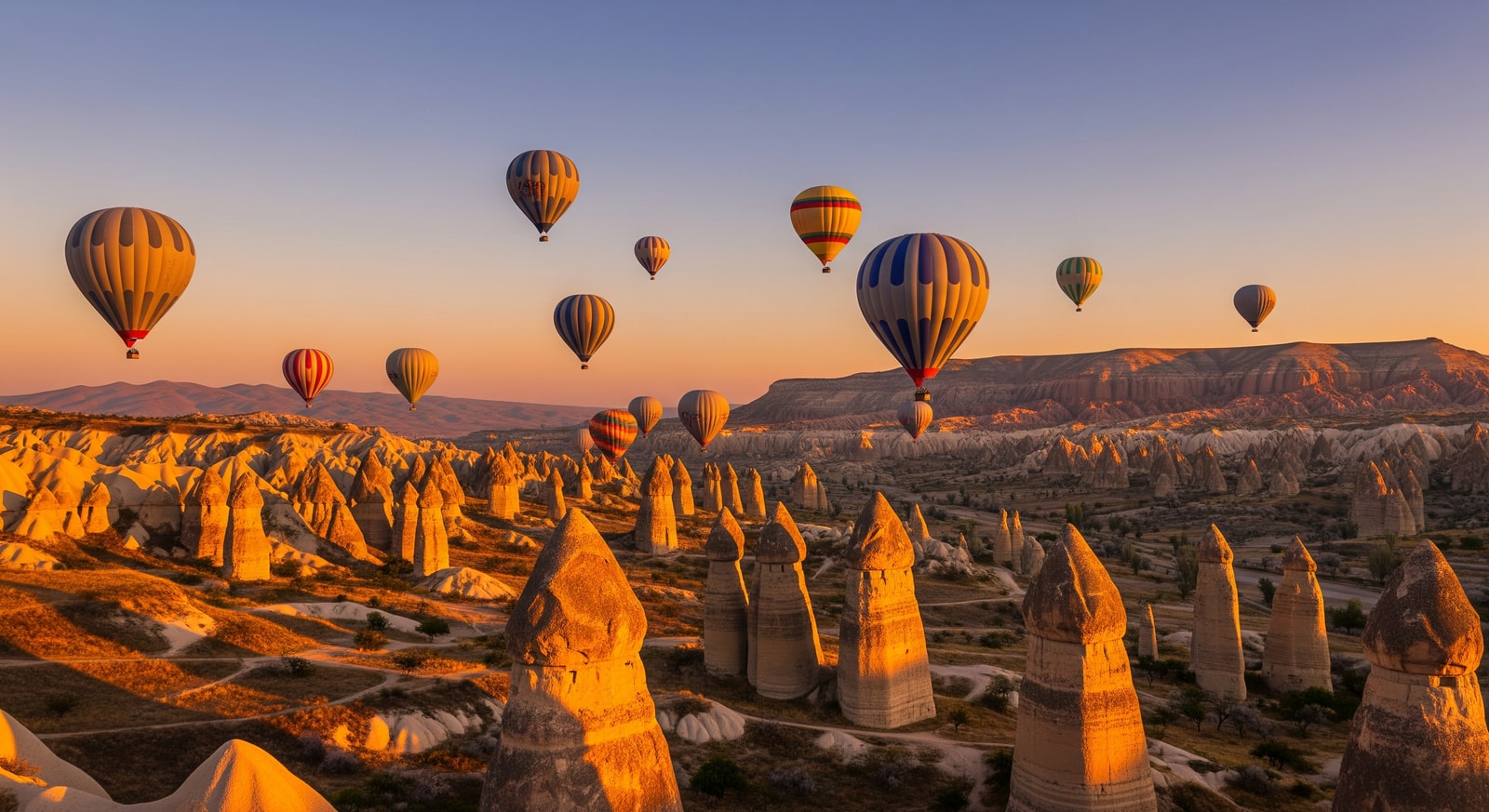 Hot air balloons floating over Cappadocia fairy chimneys at sunrise