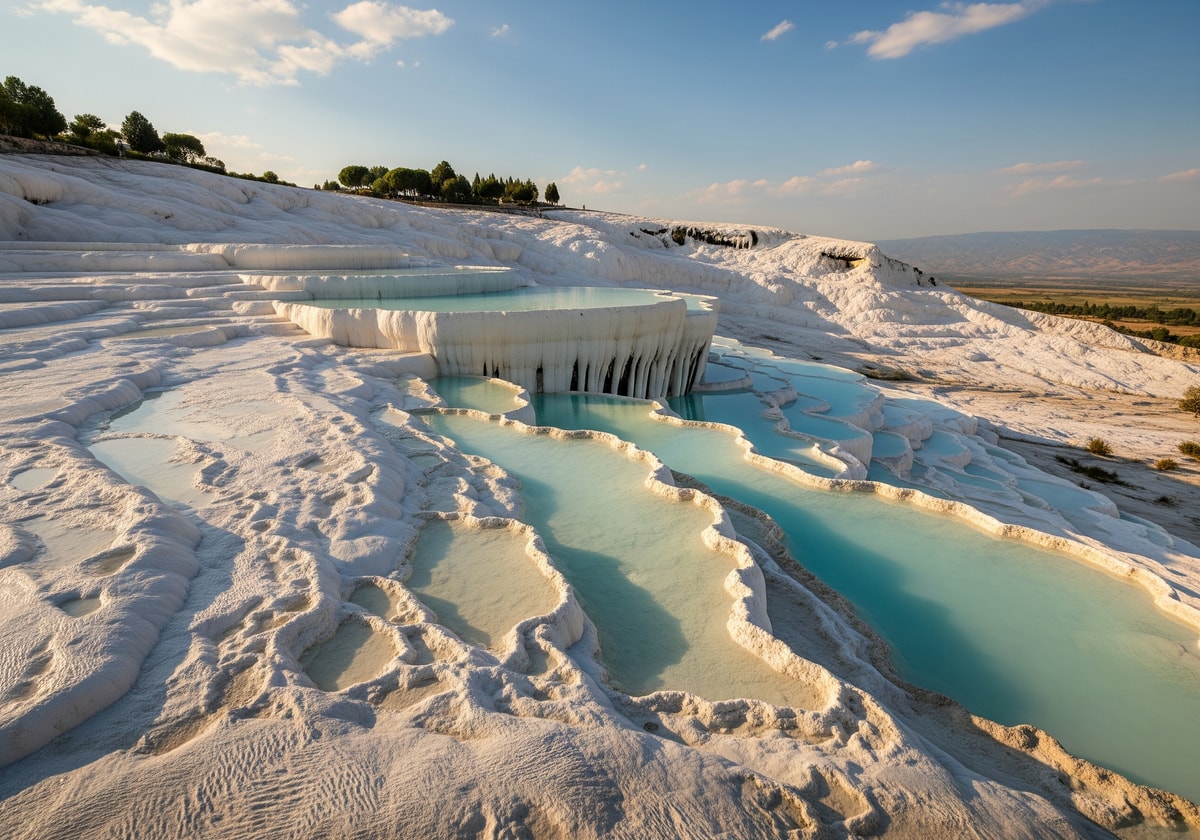 Pamukkale white travertine terraces with turquoise pools