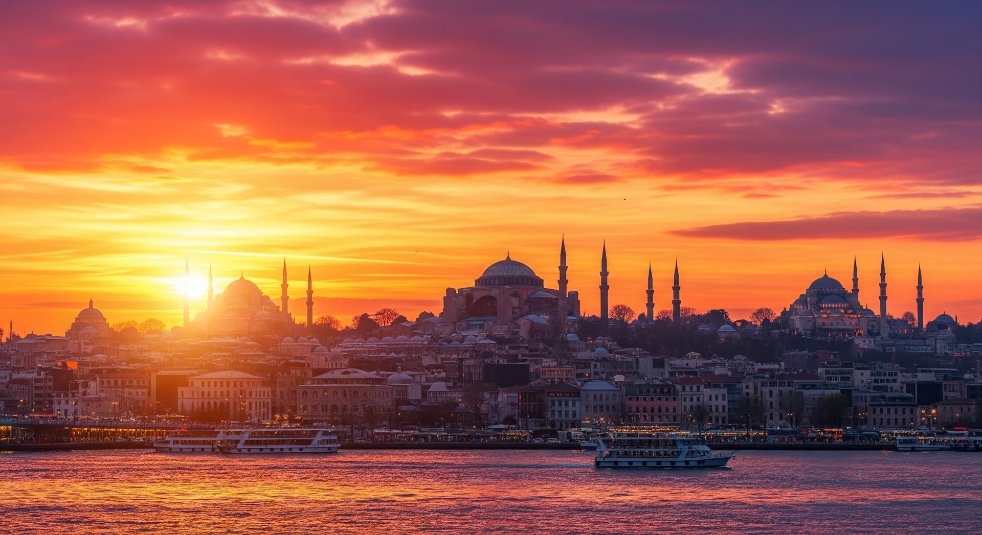 Istanbul skyline at sunset with Blue Mosque and Hagia Sophia silhouettes