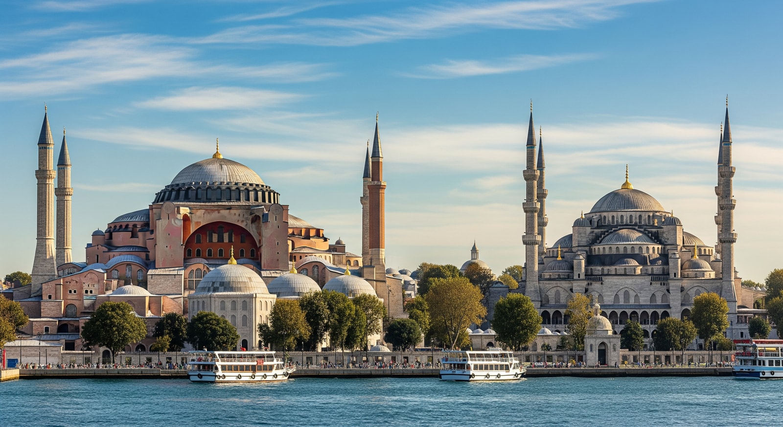 Hagia Sophia and Blue Mosque in Istanbul with the Bosphorus strait in background