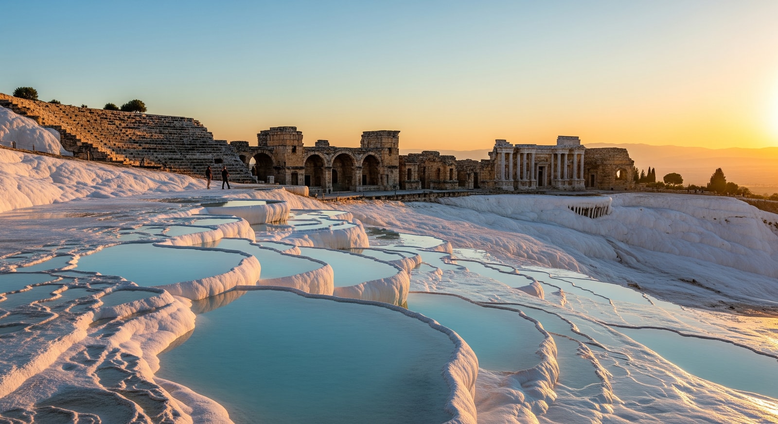 Pamukkale white terraces with ancient Hierapolis ruins in background