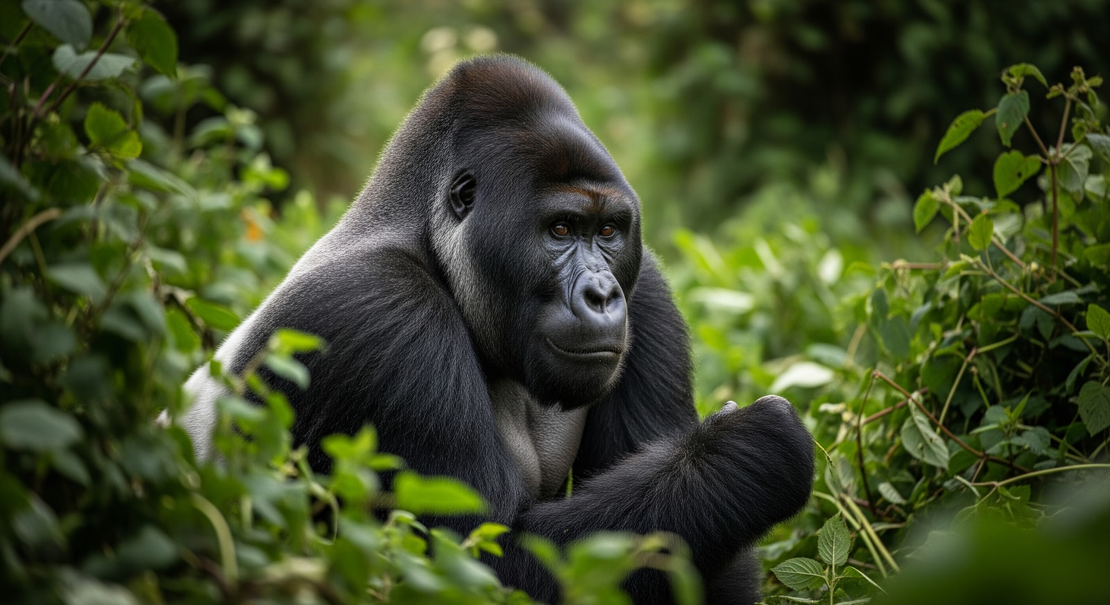 Silverback mountain gorilla in the dense vegetation of Bwindi Impenetrable National Park