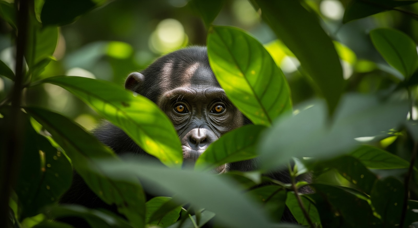 Chimpanzee peering through foliage in Kibale Forest National Park Uganda