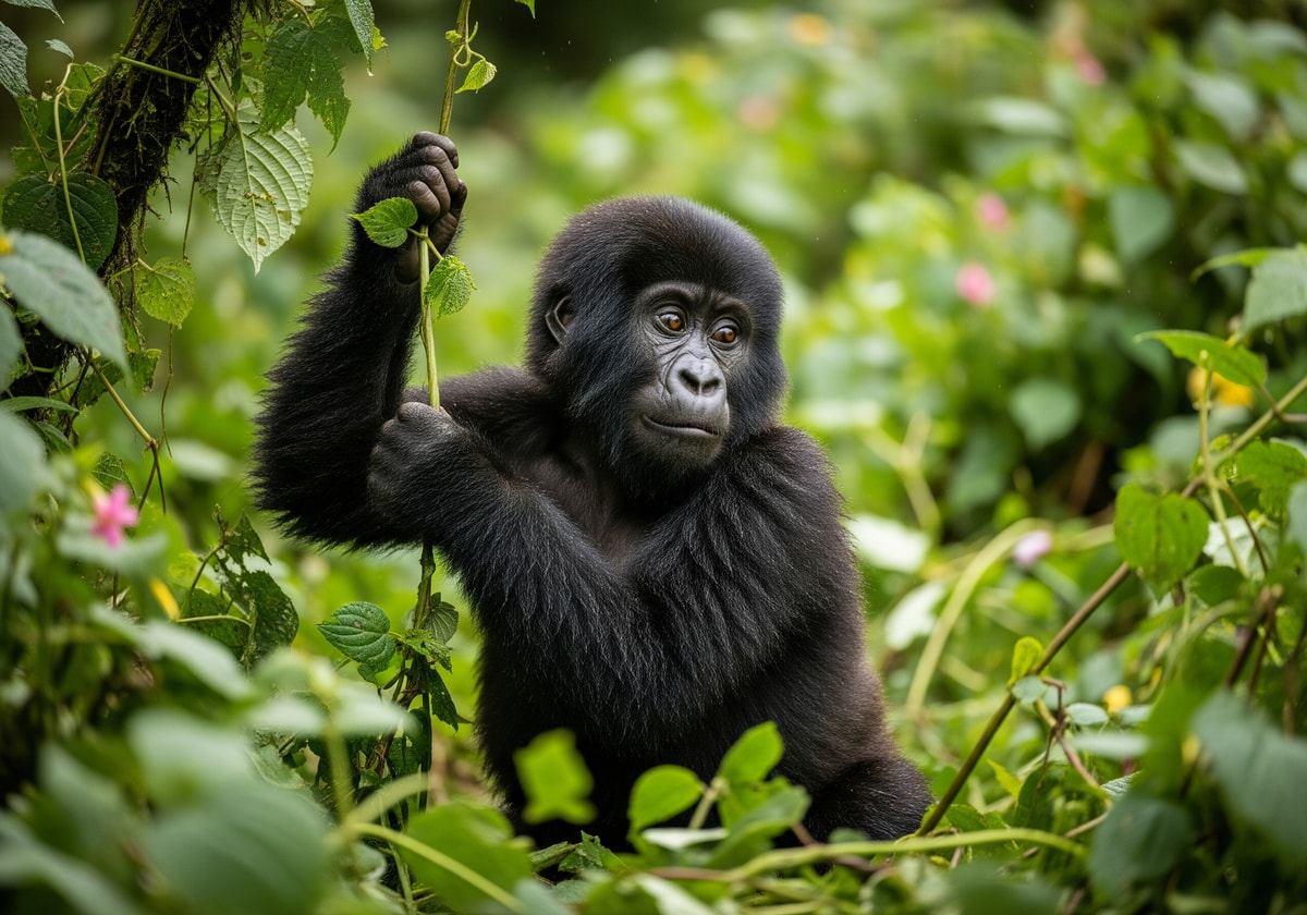Baby mountain gorilla playing in Bwindi Impenetrable National Park