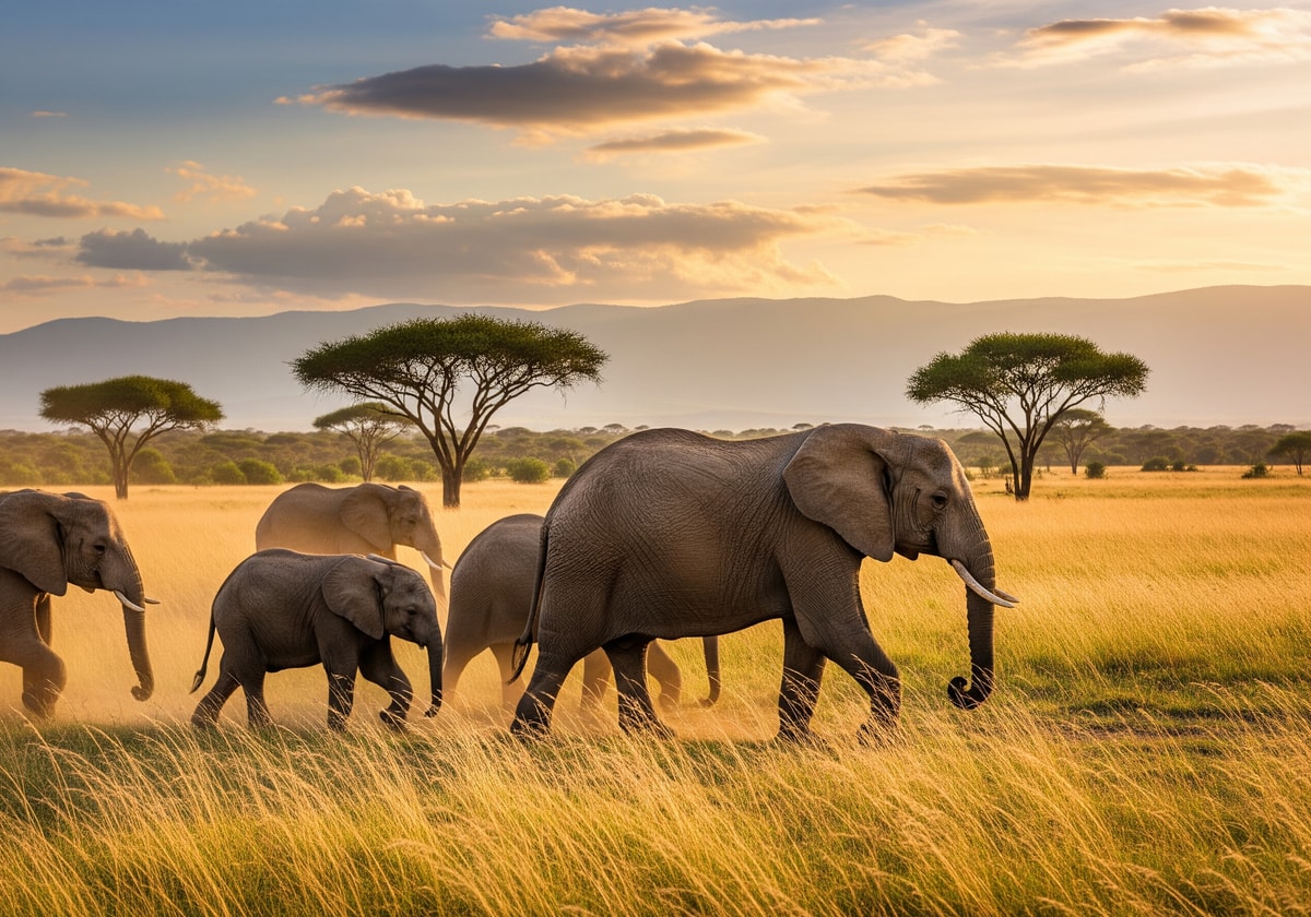 Elephants crossing the savanna in Queen Elizabeth National Park Uganda