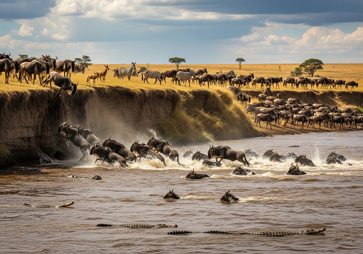 Great wildebeest migration crossing the Mara River in Kenya