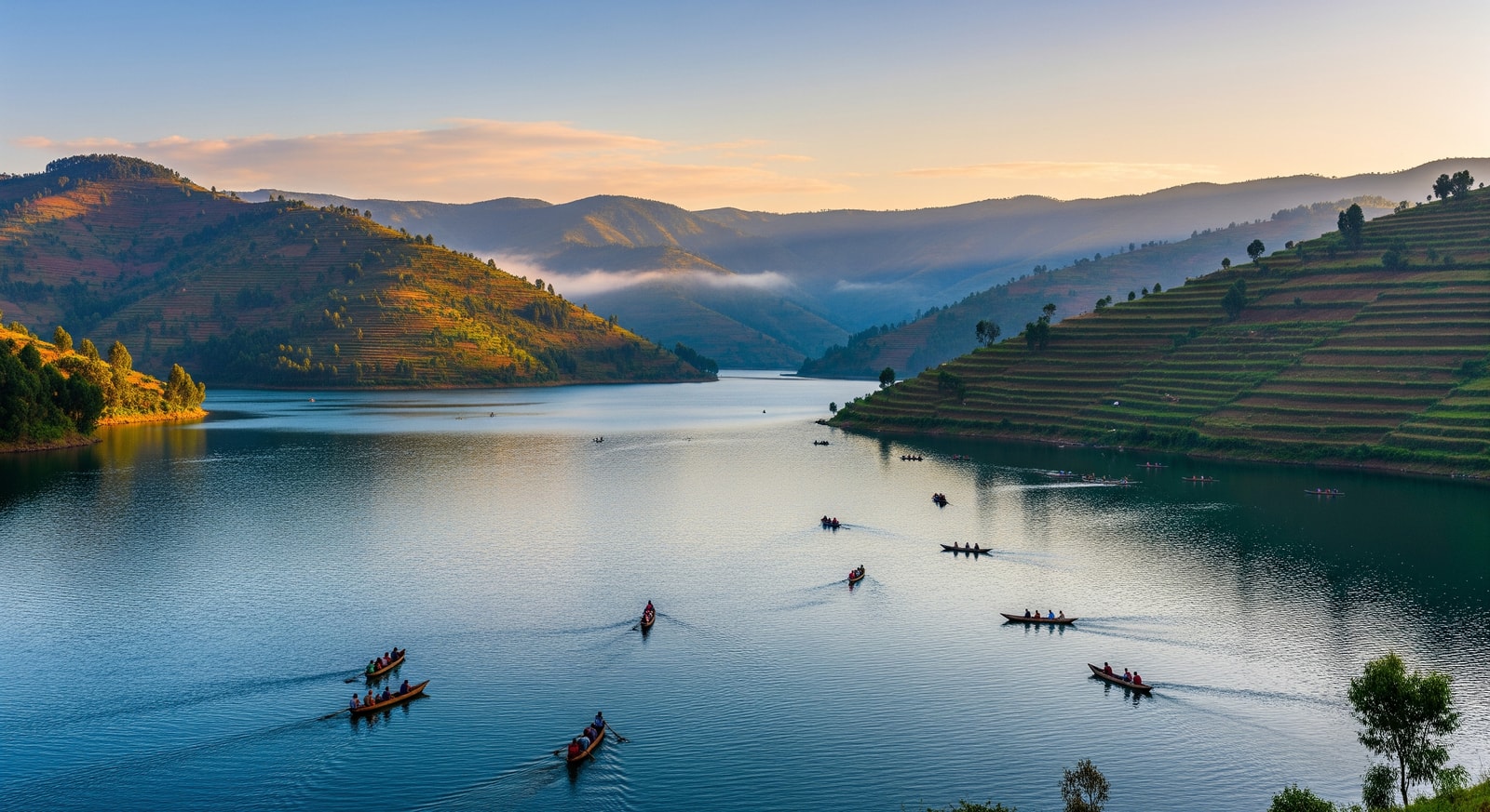 Scenic view of Lake Bunyonyi with terraced hillsides and traditional canoes in Uganda