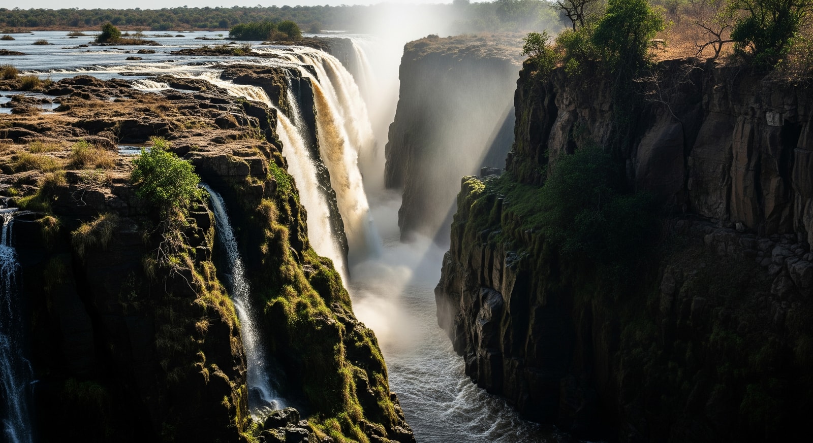 Powerful waters of Murchison Falls crashing through the narrow gorge in Uganda