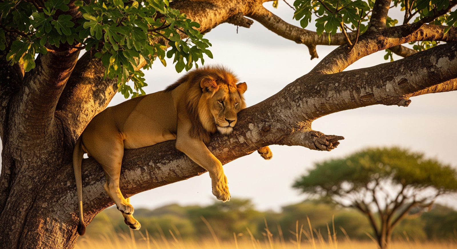 Tree-climbing lion resting on a large fig tree branch in Queen Elizabeth National Park