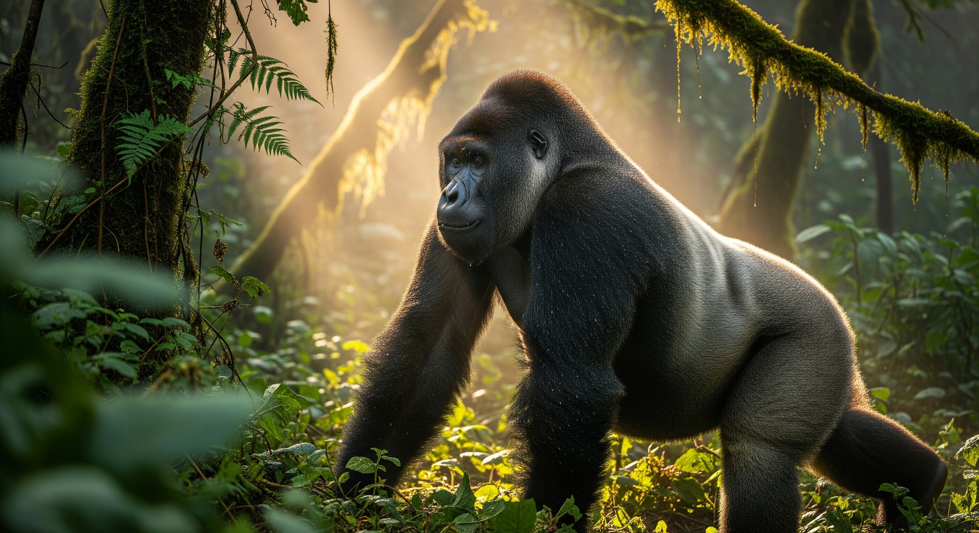 Mountain gorilla in the misty forests of Bwindi Impenetrable National Park Uganda