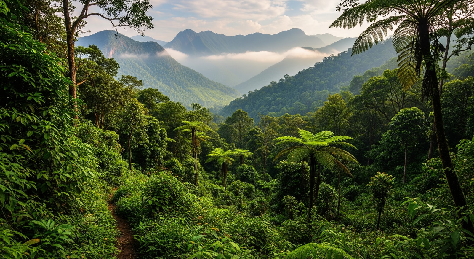 Dense green vegetation of Bwindi Impenetrable Forest with misty mountains in background