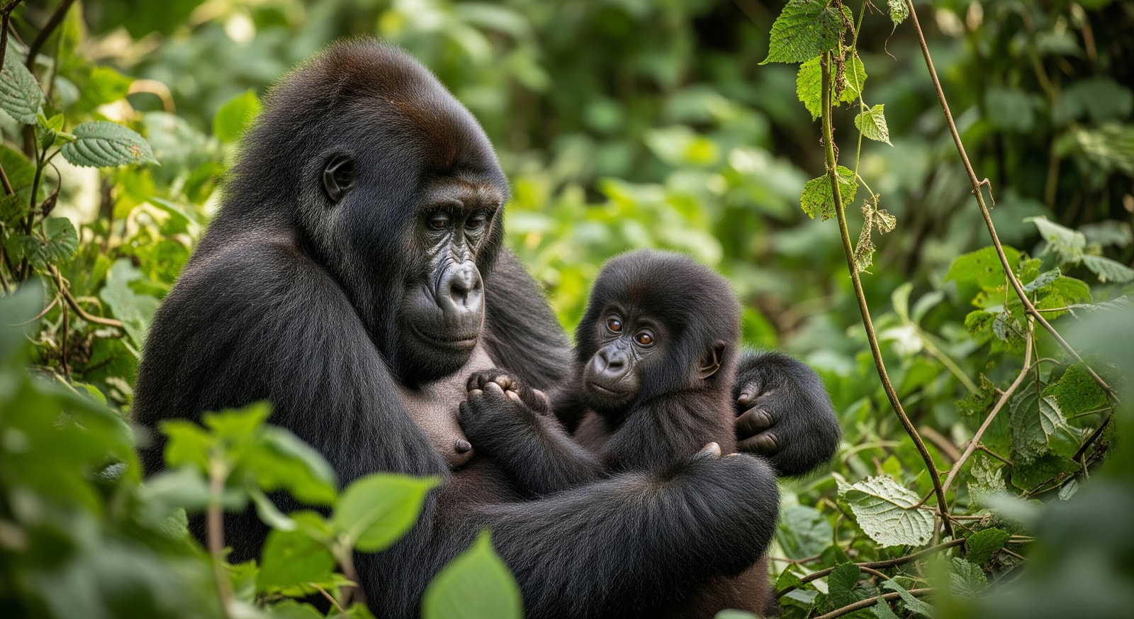 Mountain gorilla mother with baby in Bwindi Impenetrable Forest Uganda