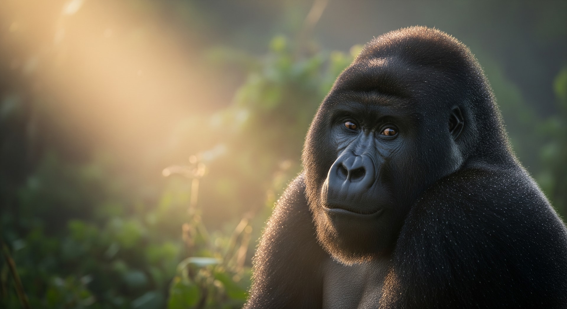 Mountain gorilla in the misty Bwindi Impenetrable Forest Uganda