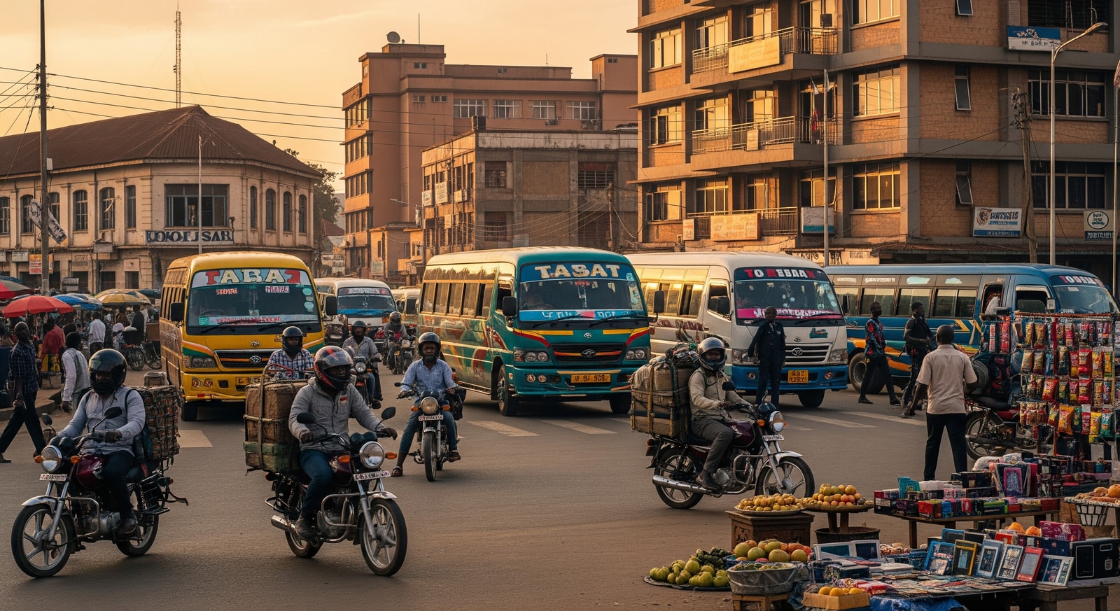Busy street scene in Kampala Uganda with matatu minibuses and motorcycle taxis