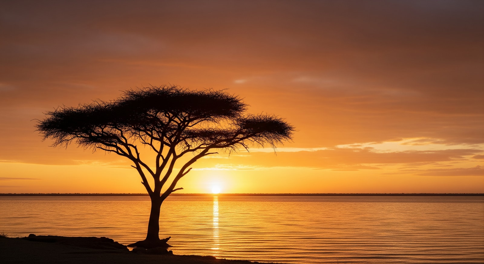Dramatic sunset over Lake Victoria with silhouetted acacia tree Uganda