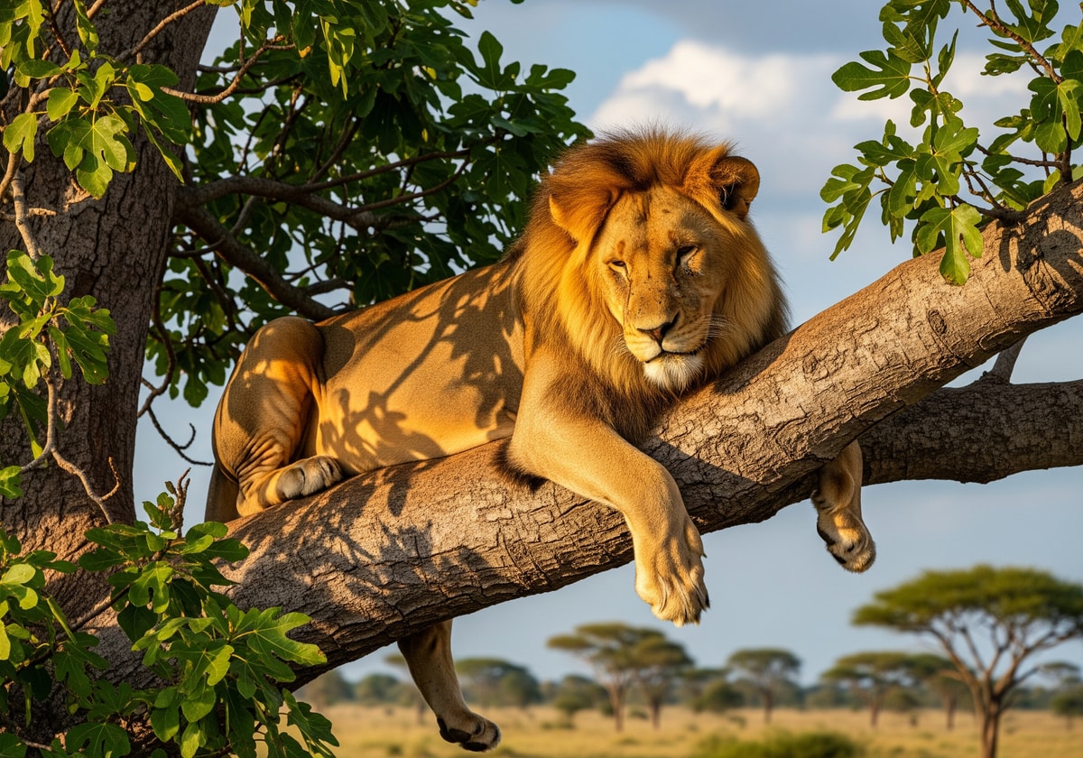 Tree climbing lion resting in fig tree in Ishasha Uganda