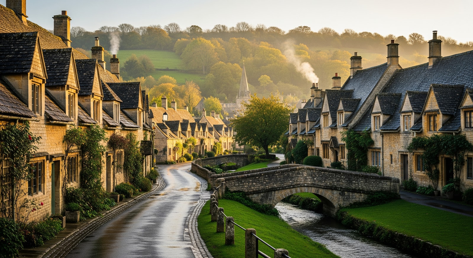 Picturesque Cotswolds village with honey-colored stone cottages