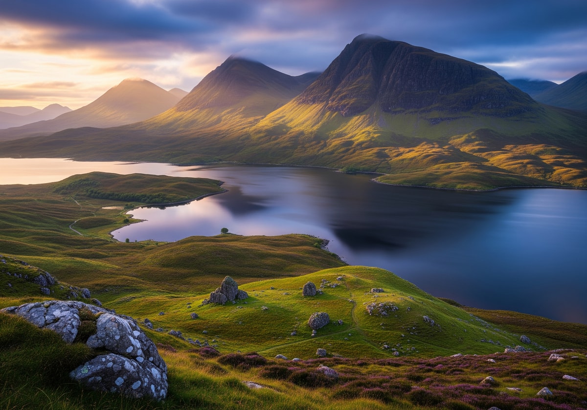 Scottish Highlands with dramatic mountains and lochs