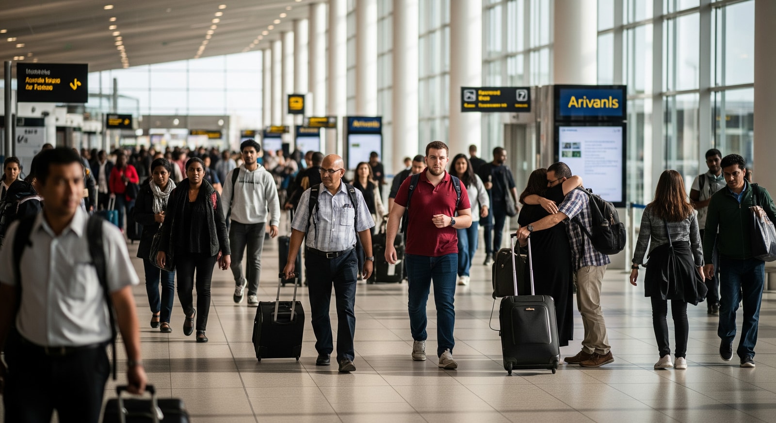 Heathrow Airport arrivals terminal with passengers
