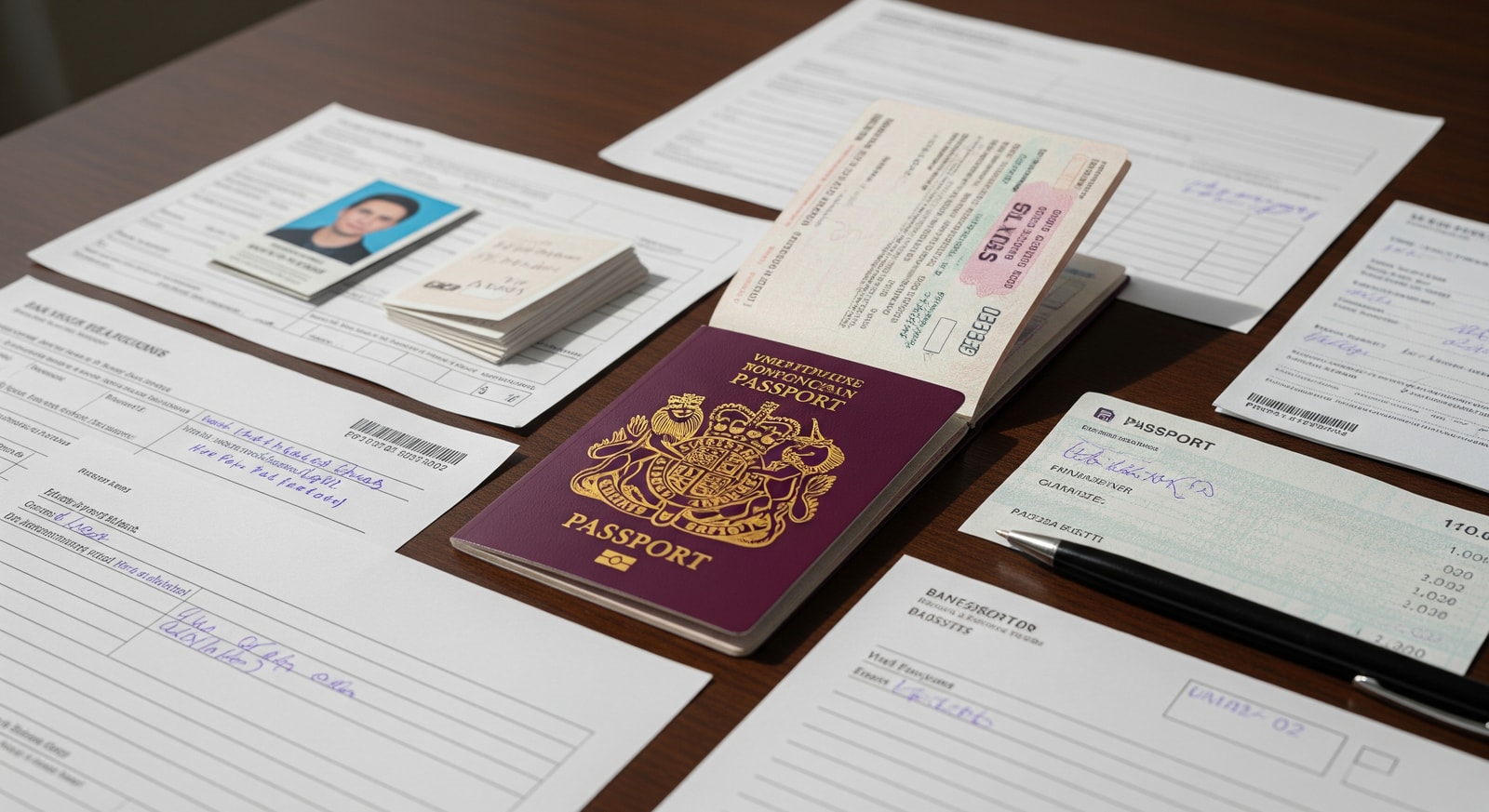 UK visa application documents including passport and forms