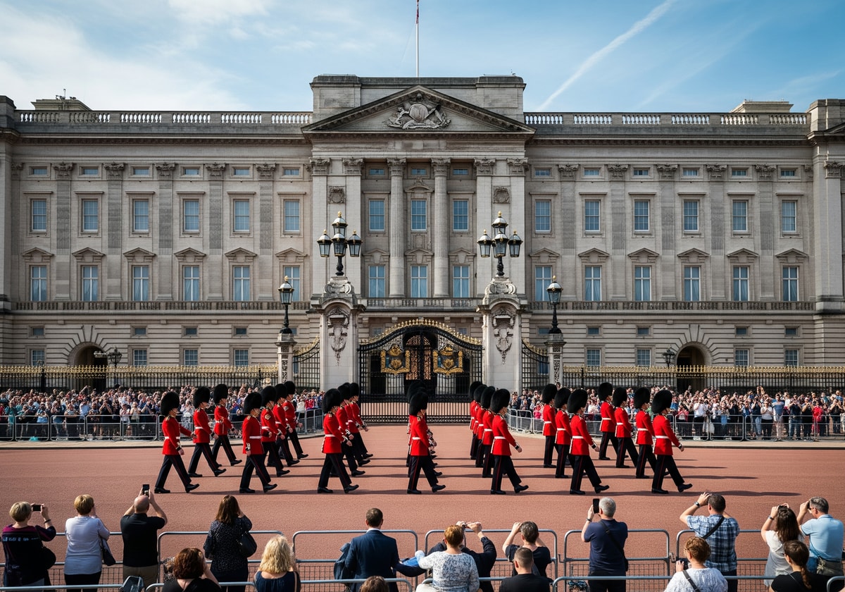 Buckingham Palace with guards during changing ceremony