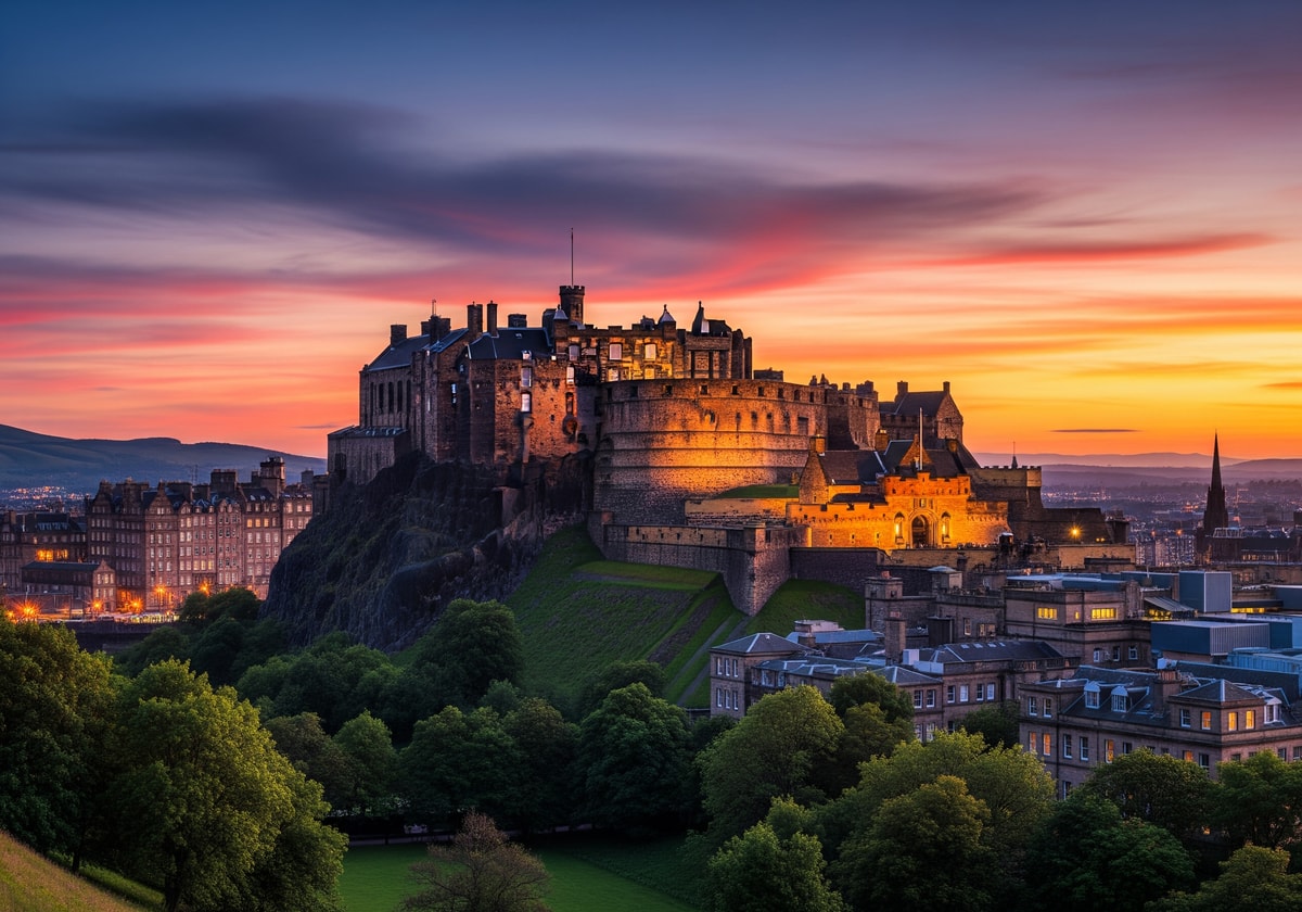 Edinburgh Castle on the hill at sunset