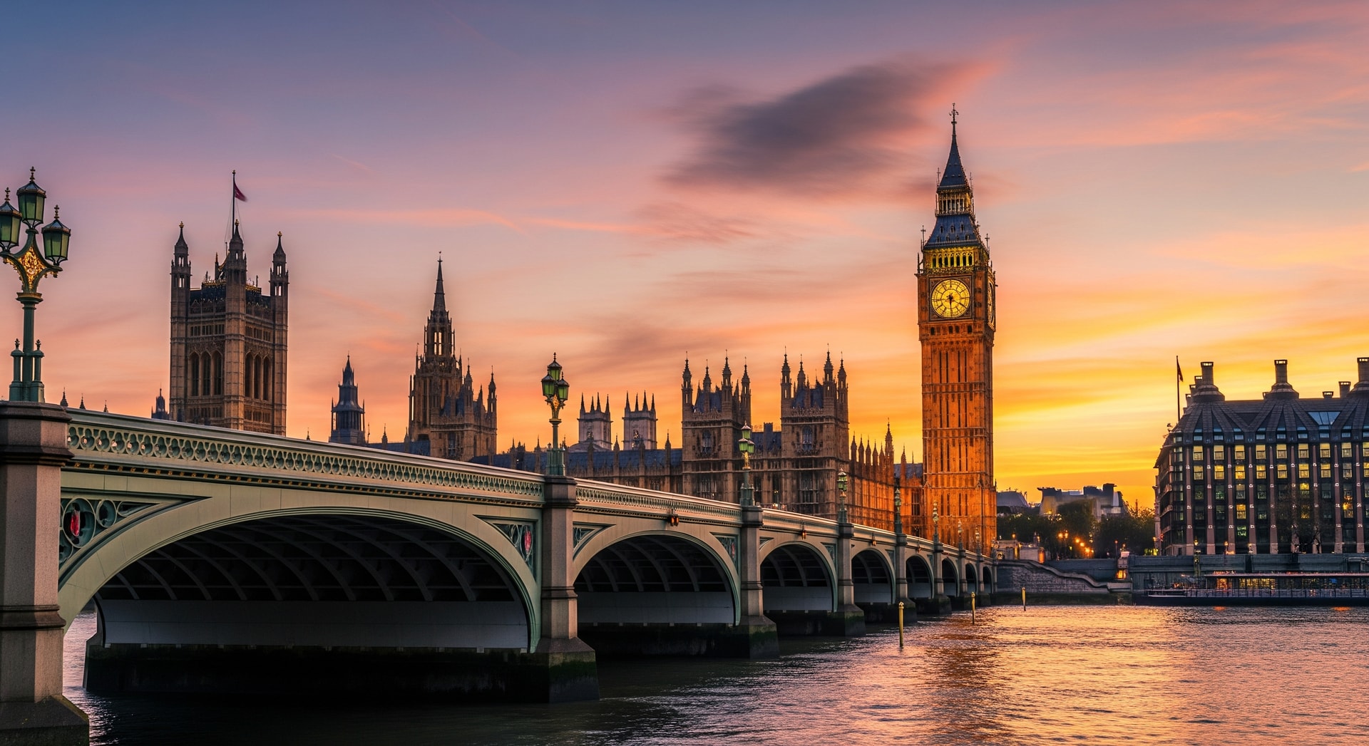 Big Ben and Houses of Parliament at sunset with Westminster Bridge