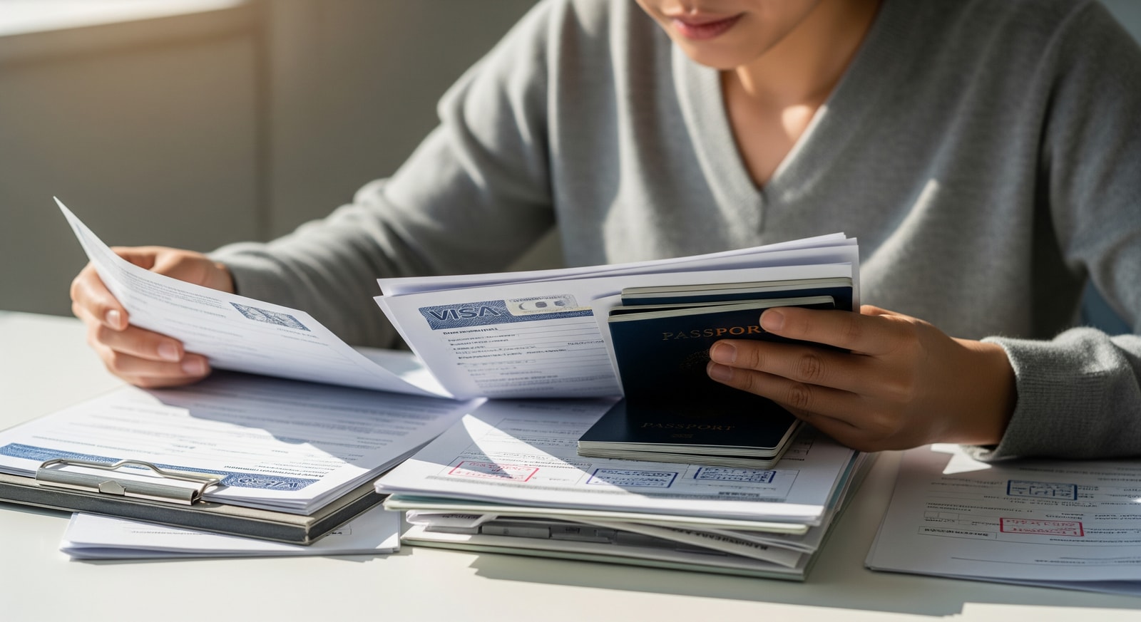 Person reviewing visa application documents carefully