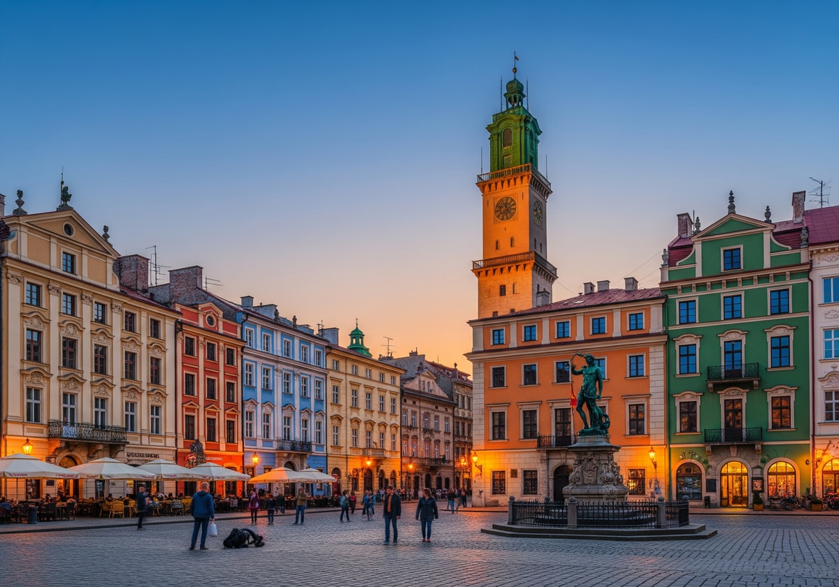 Lviv old town square with historic architecture